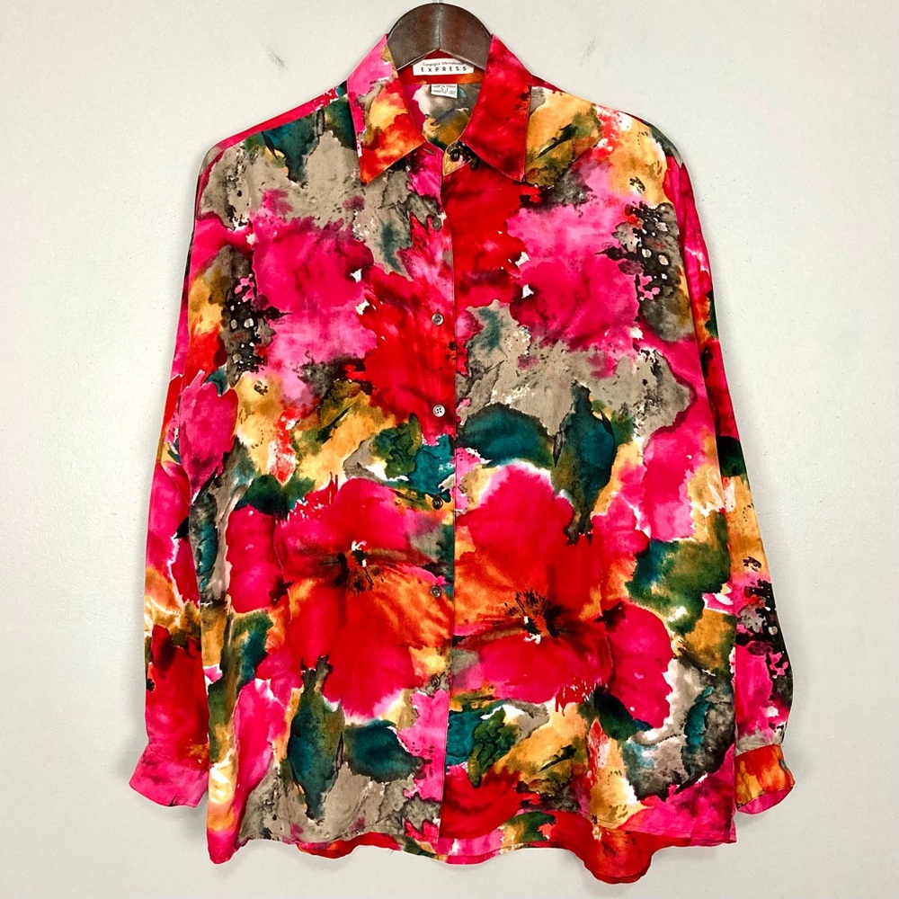 Vintage Silk Floral Shirt Women’s Sz S Oversized Art Artsy Lightweight Colorful